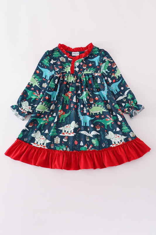 Dino Dreams: Girls Holiday Gown with Festive Flair! - Blue Marc