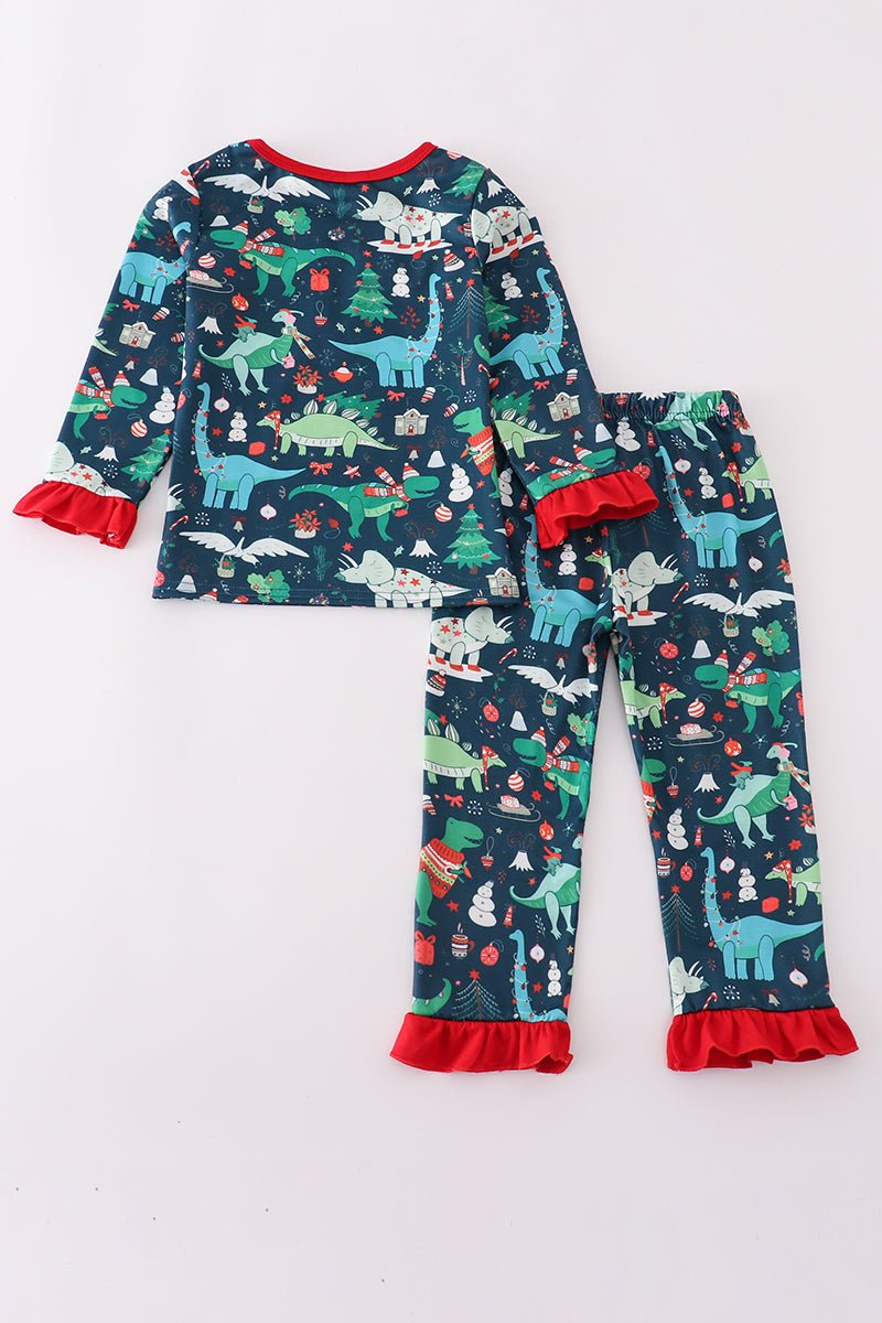 🎄 Dino Dreams Holiday Ruffle Pajamas – Girls Christmas PJs with Dinosaurs - Blue Marc