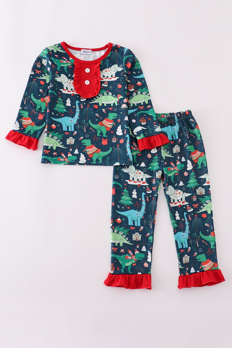 🎄 Dino Dreams Holiday Ruffle Pajamas – Girls Christmas PJs with Dinosaurs - Blue Marc