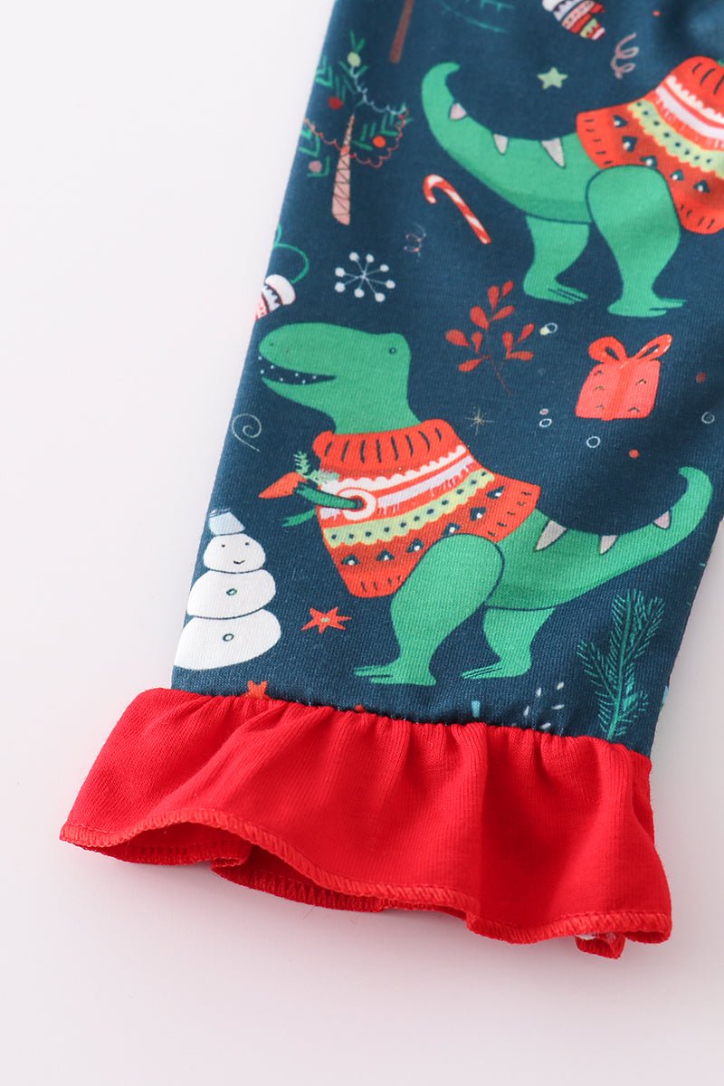 🎄 Dino Dreams Holiday Ruffle Pajamas – Girls Christmas PJs with Dinosaurs - Blue Marc