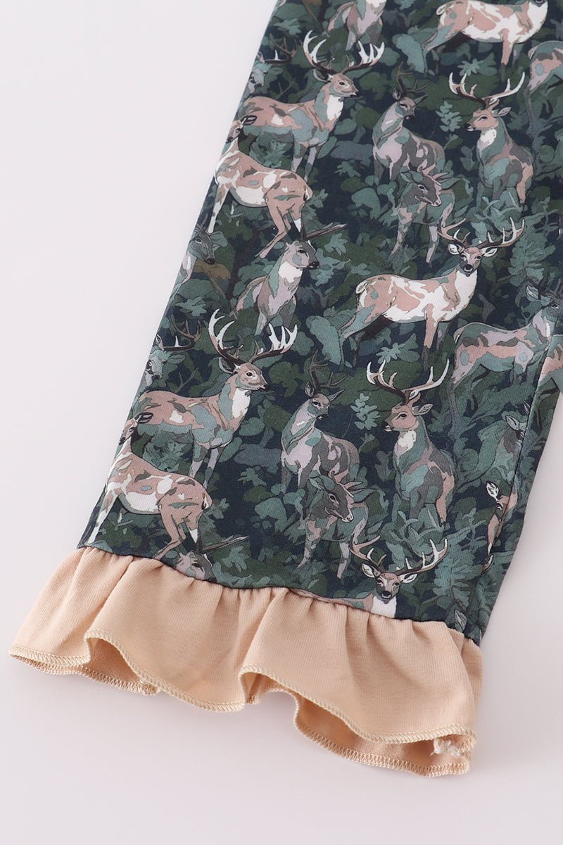 Dream in Style: Girls Forest Deer Ruffle Pajama Set – Soft, Cozy & Holiday - Ready - Blue Marc