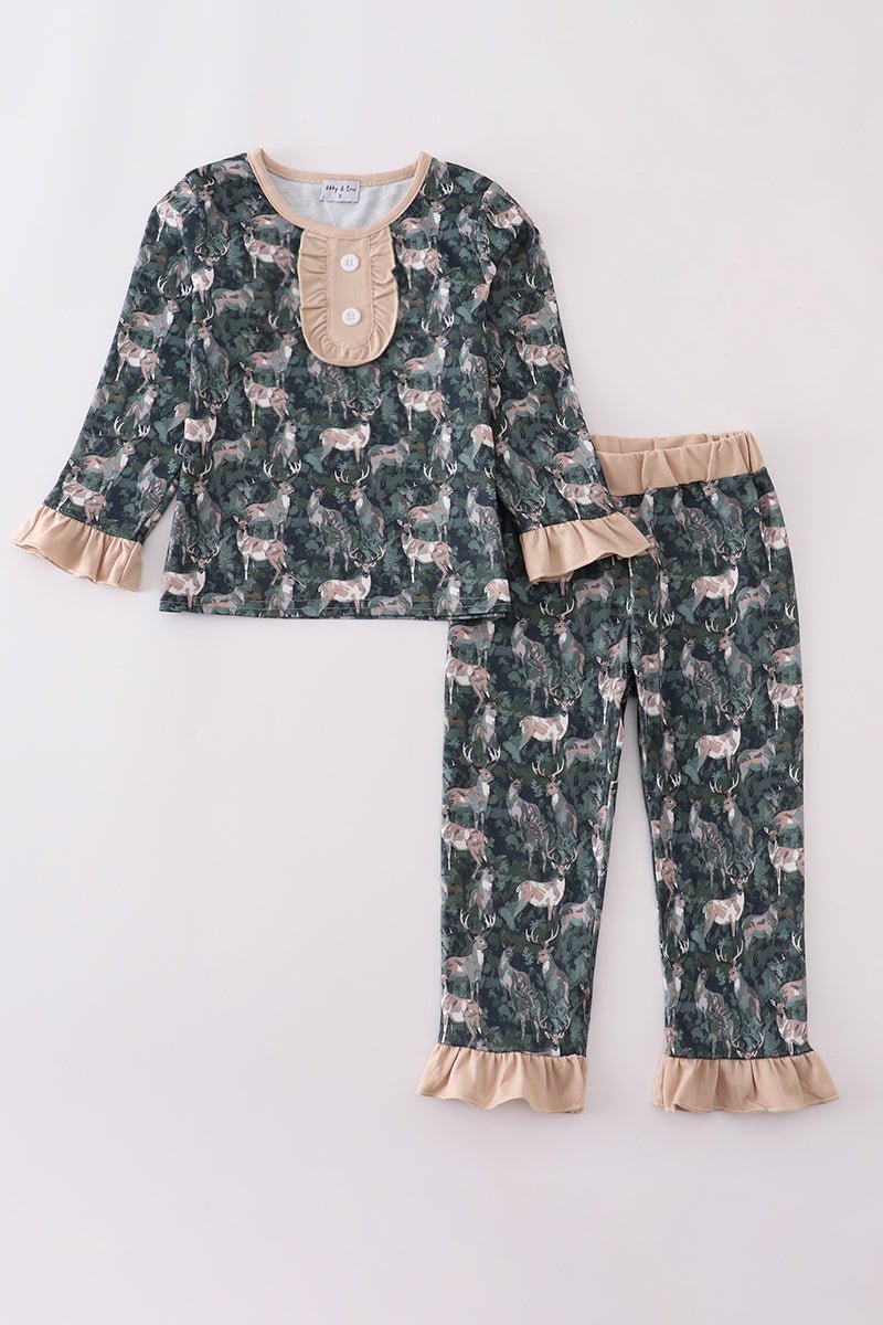 Dream in Style: Girls Forest Deer Ruffle Pajama Set – Soft, Cozy & Holiday - Ready - Blue Marc