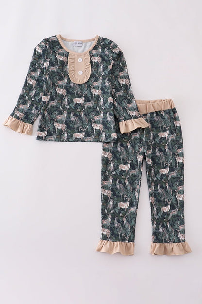 Dream in Style: Girls Forest Deer Ruffle Pajama Set – Soft, Cozy & Holiday - Ready - Blue Marc
