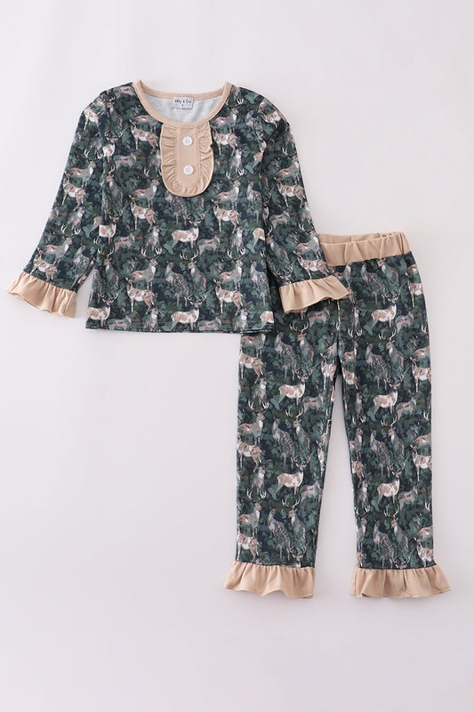 Dream in Style: Girls Forest Deer Ruffle Pajama Set – Soft, Cozy & Holiday - Ready - Blue Marc