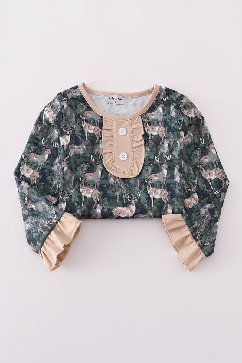 Dream in Style: Girls Forest Deer Ruffle Pajama Set – Soft, Cozy & Holiday - Ready - Blue Marc