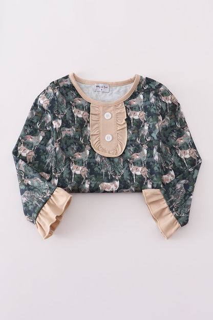 Dream in Style: Girls Forest Deer Ruffle Pajama Set – Soft, Cozy & Holiday - Ready - Blue Marc