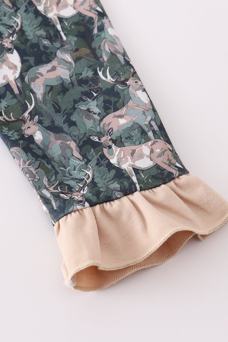 Dream in Style: Girls Forest Deer Ruffle Pajama Set – Soft, Cozy & Holiday - Ready - Blue Marc