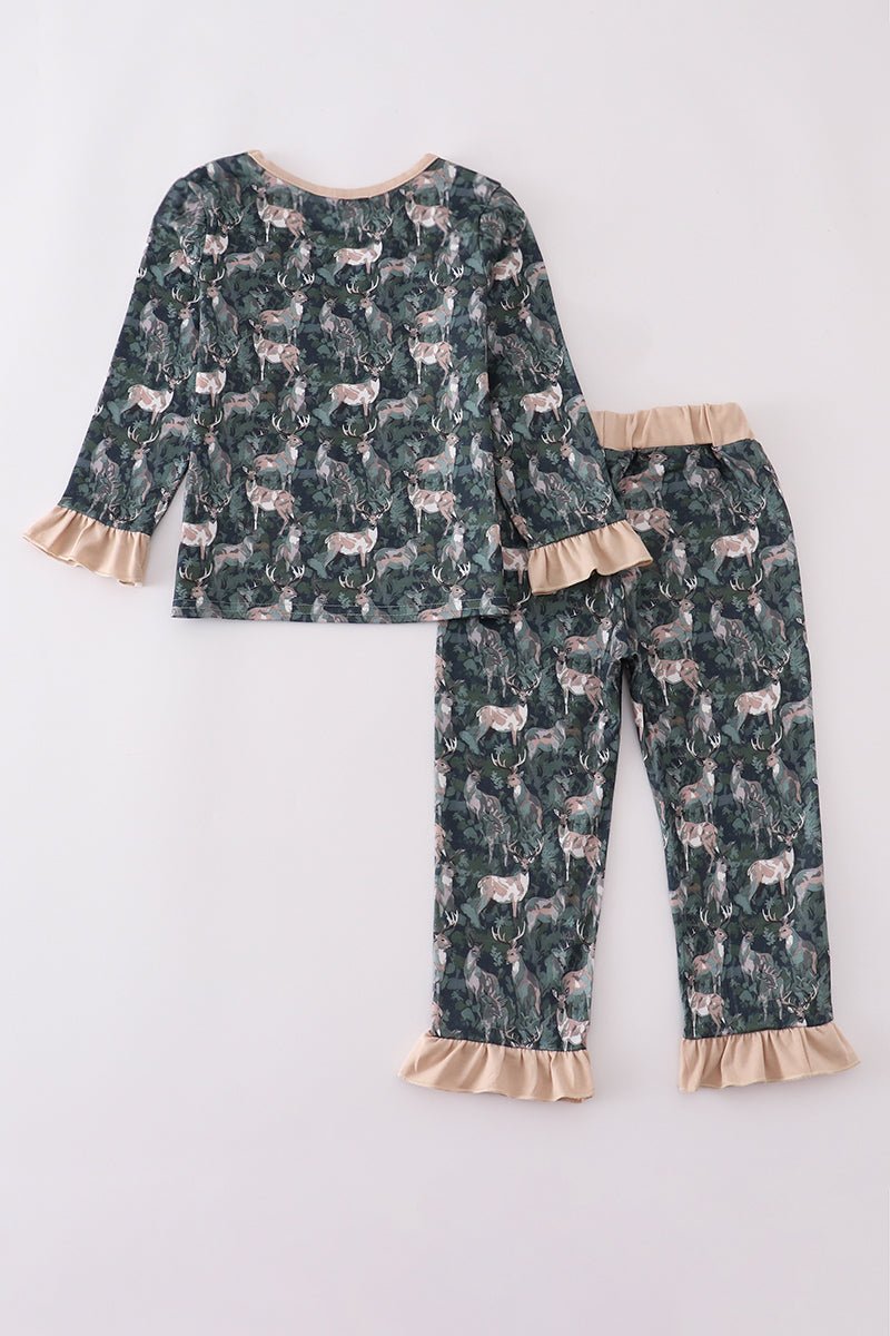 Dream in Style: Girls Forest Deer Ruffle Pajama Set – Soft, Cozy & Holiday - Ready - Blue Marc