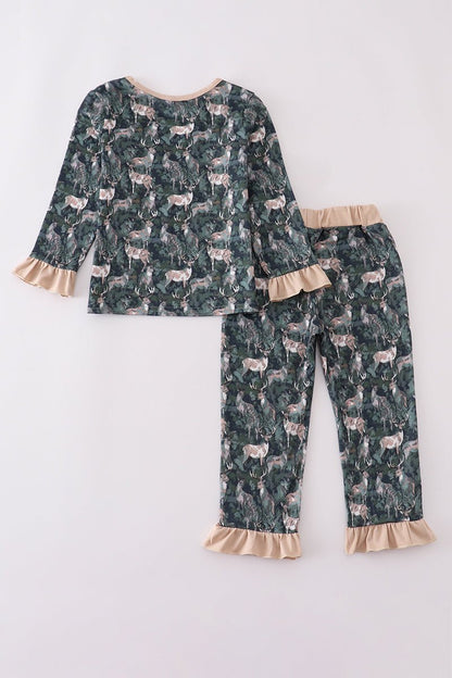 Dream in Style: Girls Forest Deer Ruffle Pajama Set – Soft, Cozy & Holiday - Ready - Blue Marc