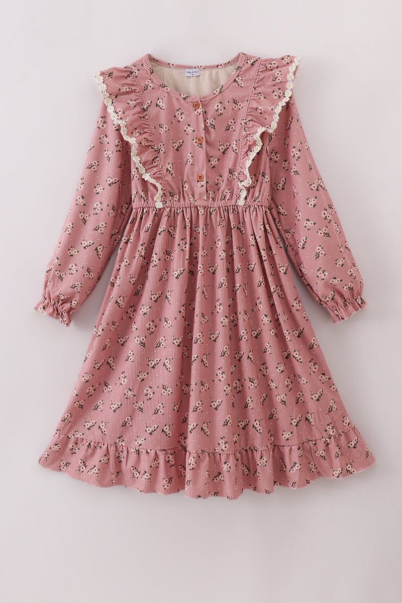 Dusty Rose Floral Corduroy Ruffle Dress – Mommy & Me Matching Style - Blue Marc