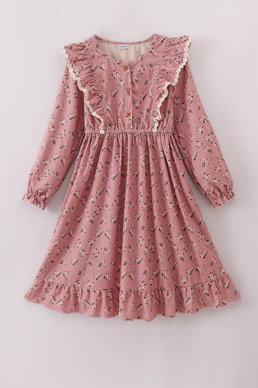 Dusty Rose Floral Corduroy Ruffle Dress – Mommy & Me Matching Style - Blue Marc
