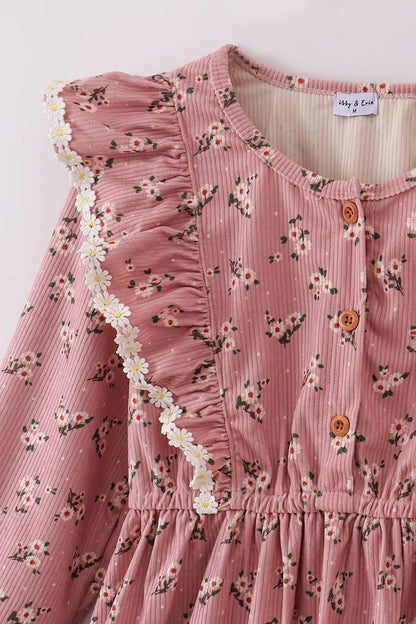Dusty Rose Floral Corduroy Ruffle Dress – Mommy & Me Matching Style - Blue Marc