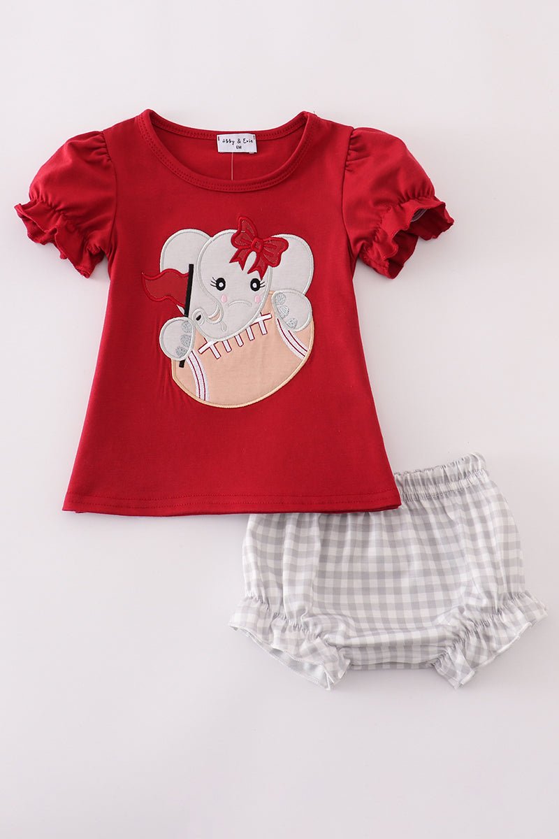 Elephant Touchdown Ruffle Shorts Set – Red & Gingham Baby Girls Outfit - Blue Marc