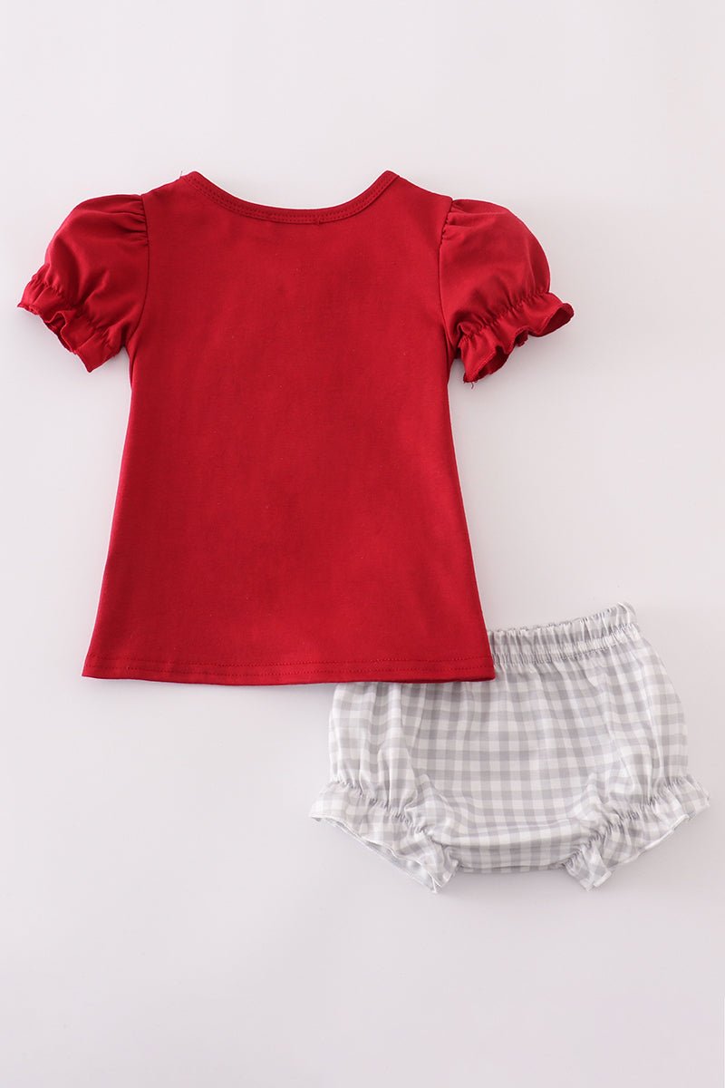 Elephant Touchdown Ruffle Shorts Set – Red & Gingham Baby Girls Outfit - Blue Marc