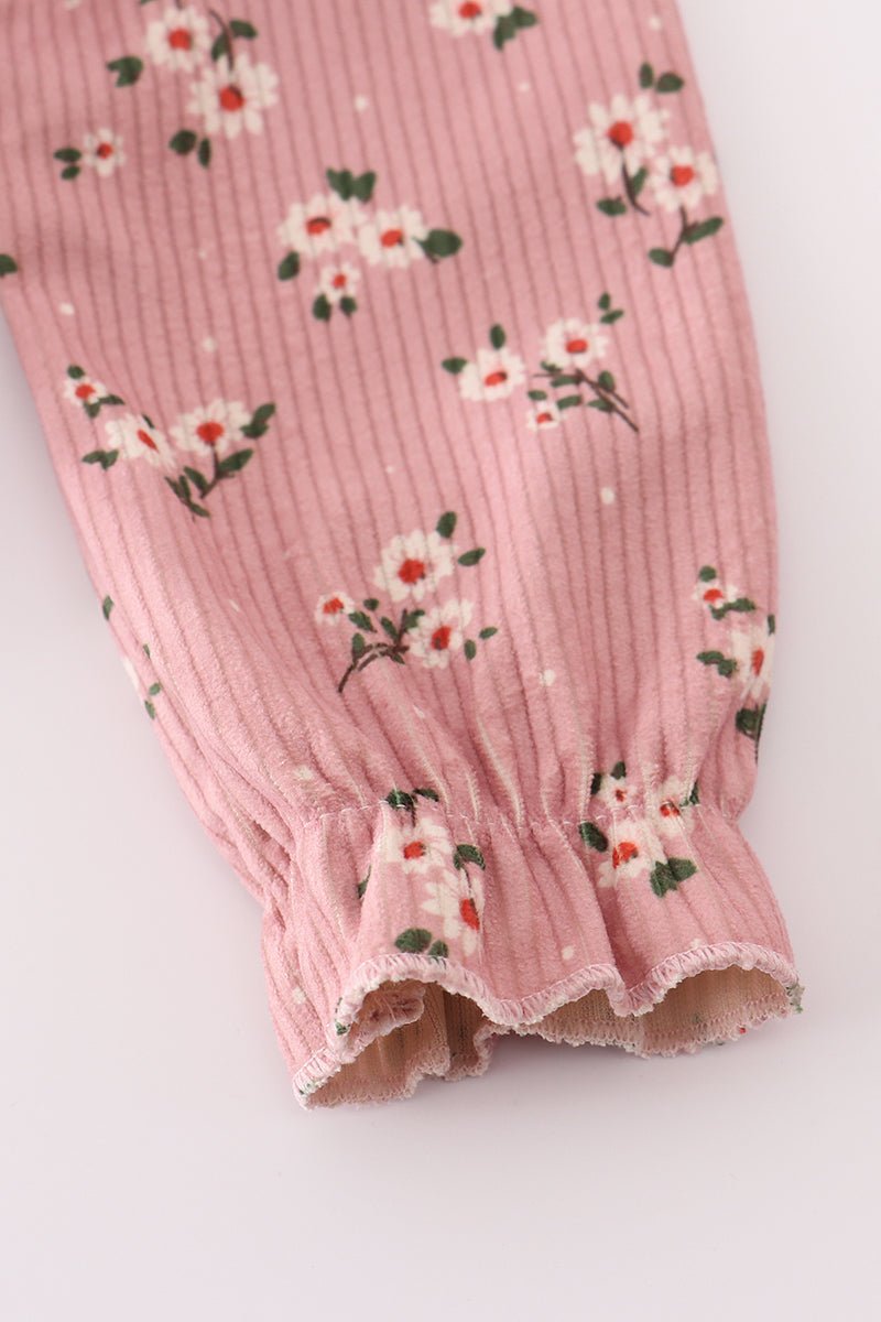 Fall Floral Baby Girl Corduroy Romper – Ruffle Trim & Button Detail - Blue Marc