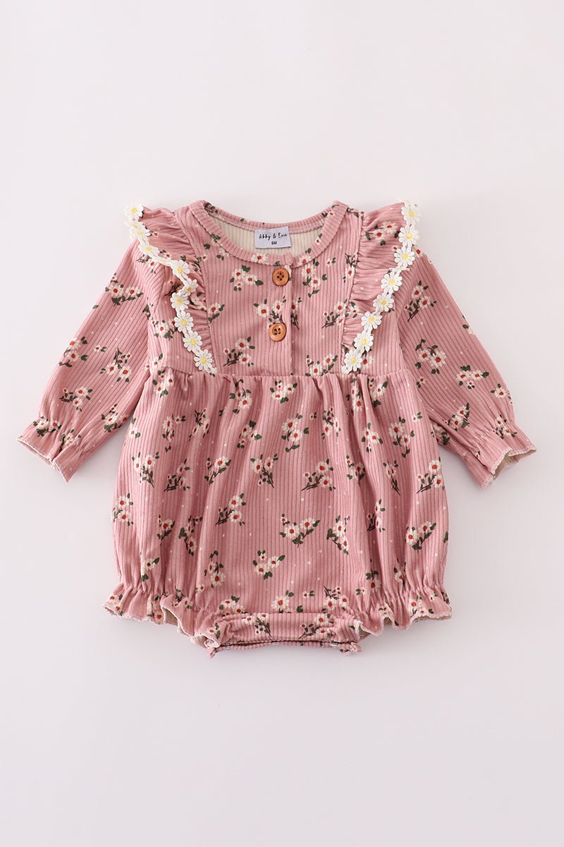 Fall Floral Baby Girl Corduroy Romper – Ruffle Trim & Button Detail - Blue Marc