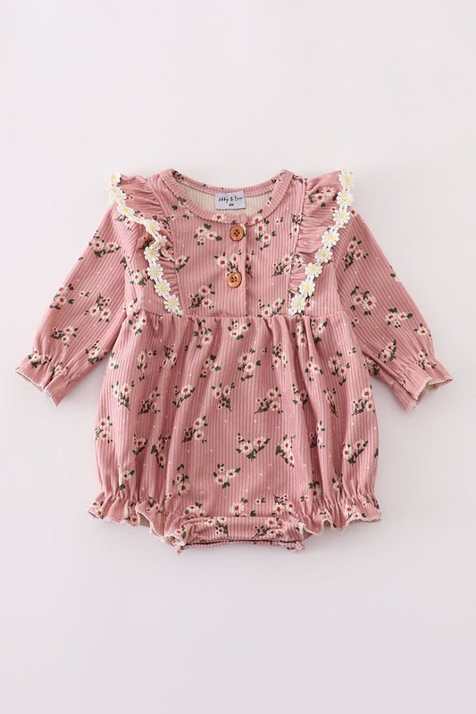 Fall Floral Baby Girl Corduroy Romper – Ruffle Trim & Button Detail - Blue Marc