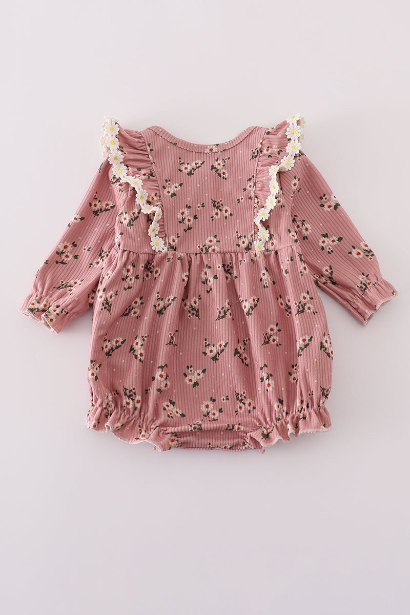 Fall Floral Baby Girl Corduroy Romper – Ruffle Trim & Button Detail - Blue Marc