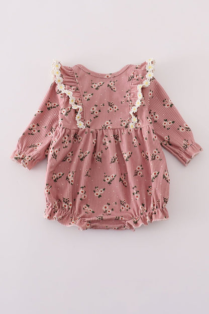 Fall Floral Baby Girl Corduroy Romper – Ruffle Trim & Button Detail - Blue Marc