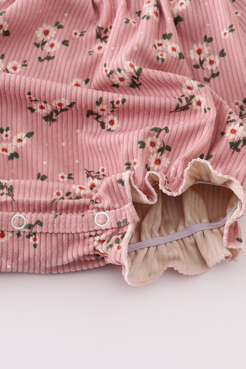 Fall Floral Baby Girl Corduroy Romper – Ruffle Trim & Button Detail - Blue Marc