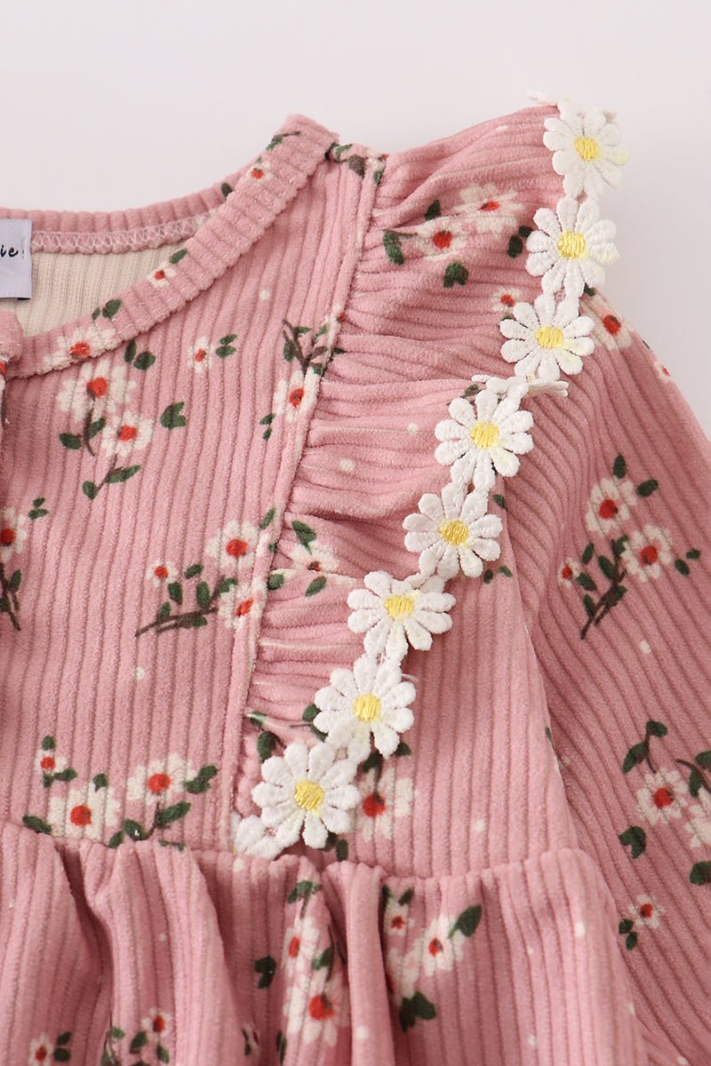 Fall Floral Baby Girl Corduroy Romper – Ruffle Trim & Button Detail - Blue Marc