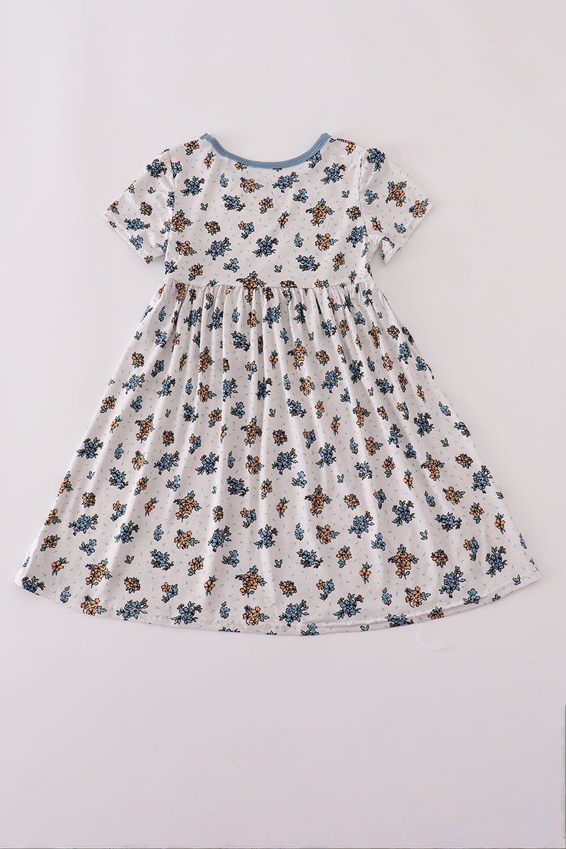 Fall Floral Twirl Dress – Short Sleeve Girls Dress - Blue Marc