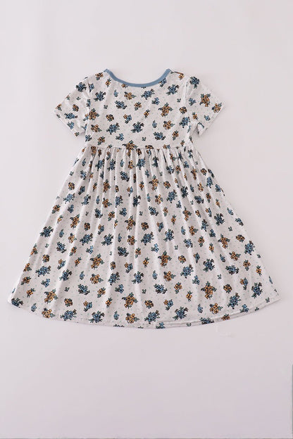 Fall Floral Twirl Dress – Short Sleeve Girls Dress - Blue Marc