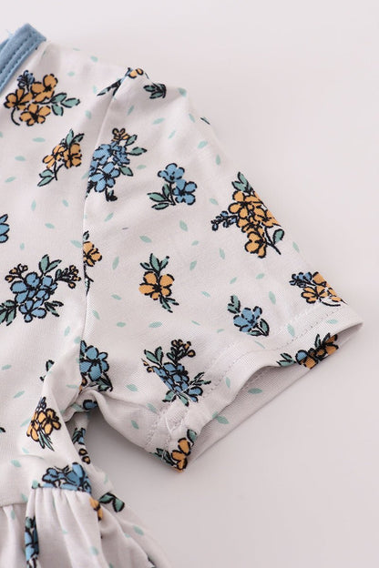 Fall Floral Twirl Dress – Short Sleeve Girls Dress - Blue Marc