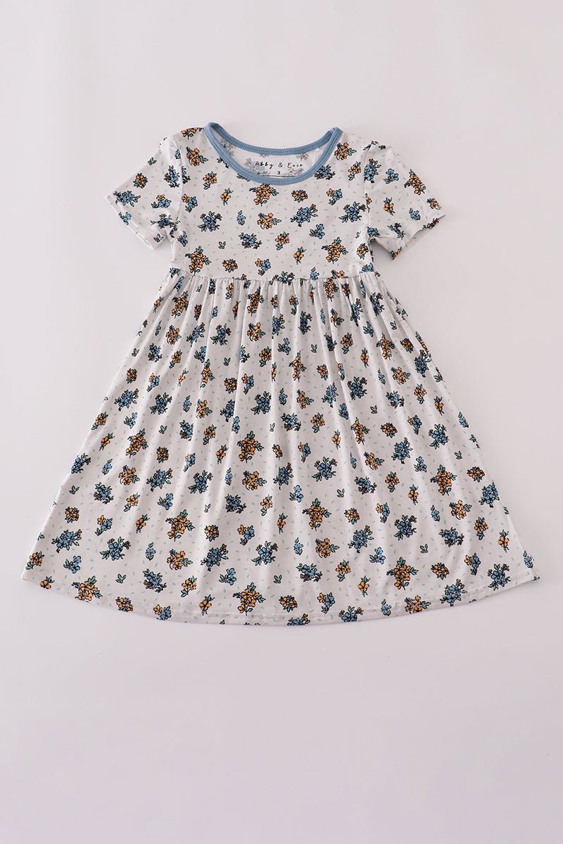 Fall Floral Twirl Dress – Short Sleeve Girls Dress - Blue Marc