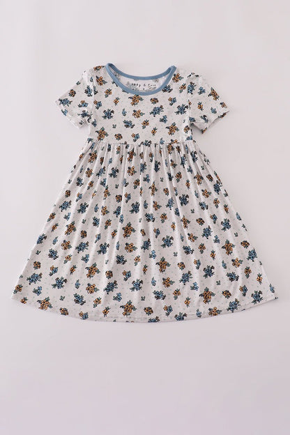 Fall Floral Twirl Dress – Short Sleeve Girls Dress - Blue Marc