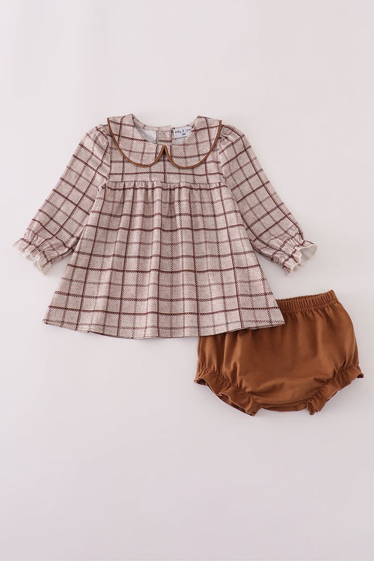 Fall Grid Plaid Baby Girl Set – Long Sleeve Top & Bloomers - Blue Marc