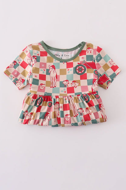 Festive Holiday Checkered Dress for Girls – Short Sleeve Twirl Style - Blue Marc