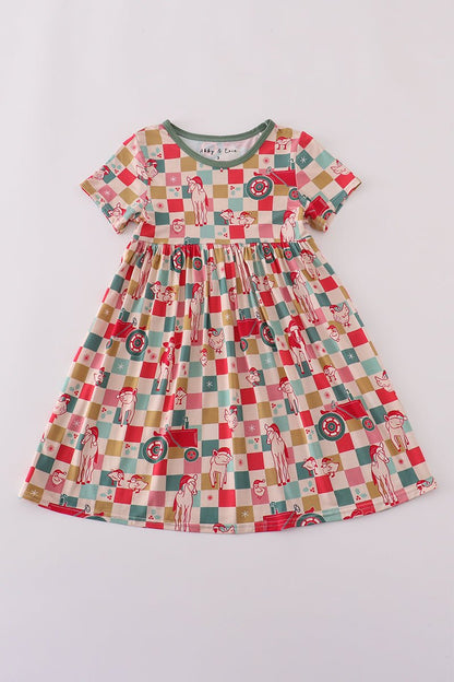 Festive Holiday Checkered Dress for Girls – Short Sleeve Twirl Style - Blue Marc