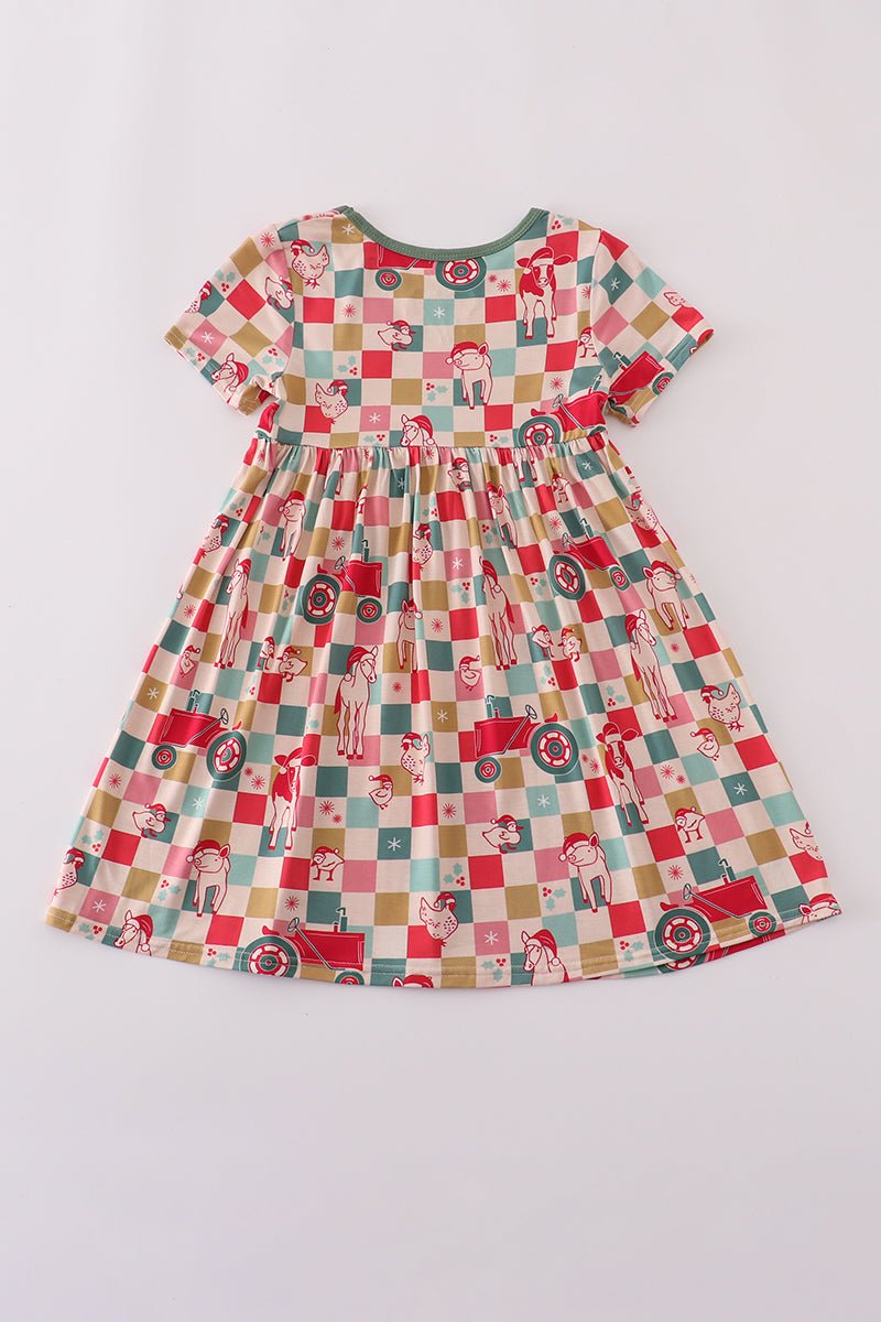 Festive Holiday Checkered Dress for Girls – Short Sleeve Twirl Style - Blue Marc