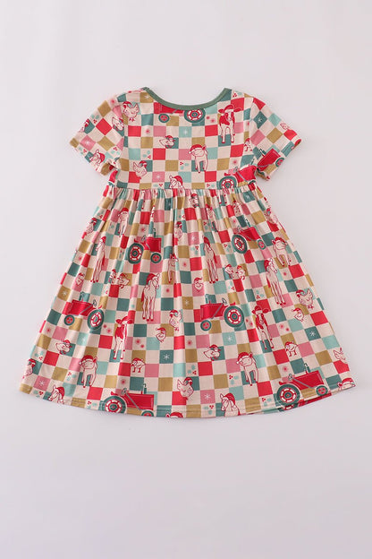 Festive Holiday Checkered Dress for Girls – Short Sleeve Twirl Style - Blue Marc