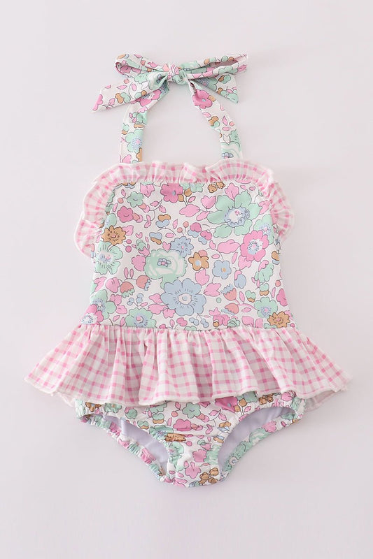 🏖️ Floral & Gingham Ruffle Girls’ Swimsuit – Vintage - Inspired Summer Style - Blue Marc