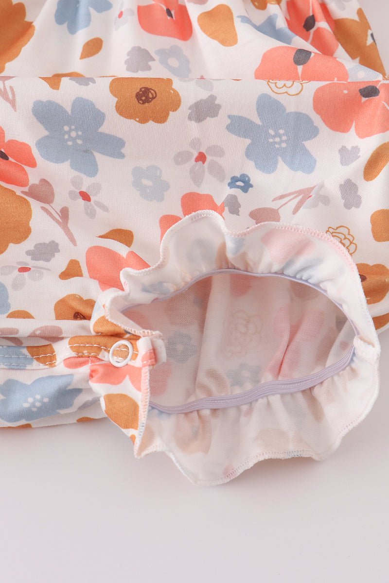 Floral Smocked Baby Girl Romper with Peter Pan Collar - Blue Marc