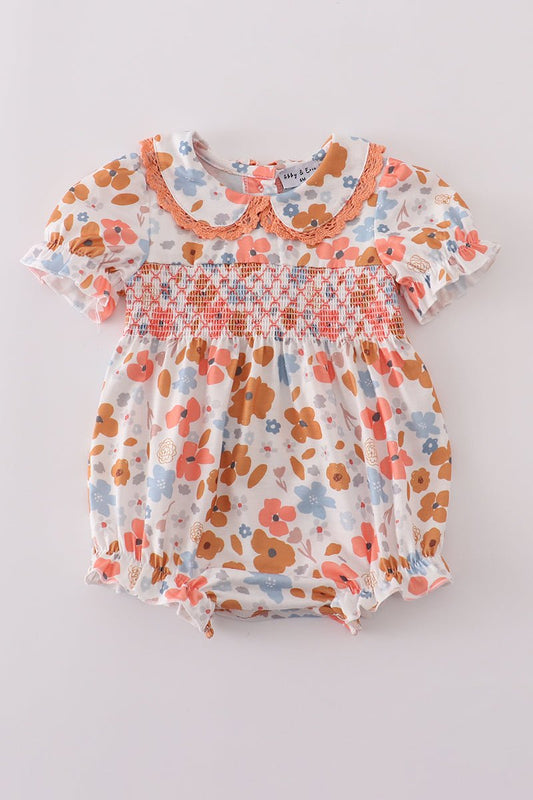 Floral Smocked Baby Girl Romper with Peter Pan Collar - Blue Marc
