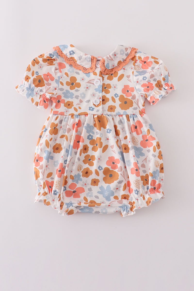 Floral Smocked Baby Girl Romper with Peter Pan Collar - Blue Marc