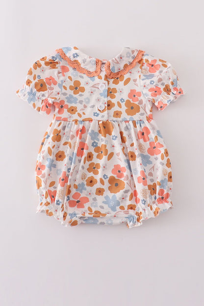 Floral Smocked Baby Girl Romper with Peter Pan Collar - Blue Marc