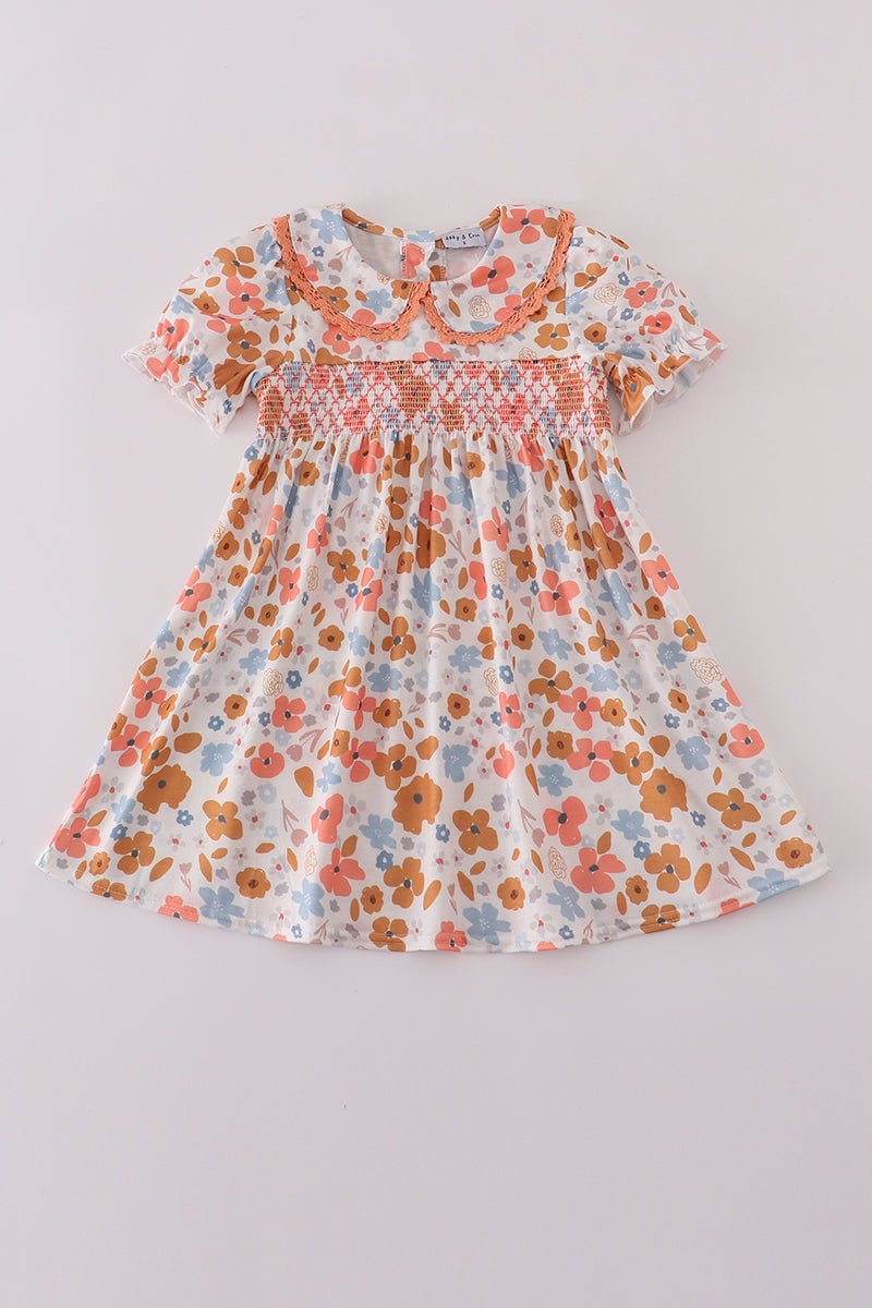 Floral Smocked Girls Dress – Fall Baby & Toddler Outfit - Blue Marc