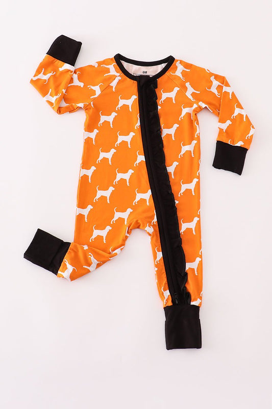 Game Day Pup Zip Baby Romper – Orange Dog Print Pajamas - Blue Marc