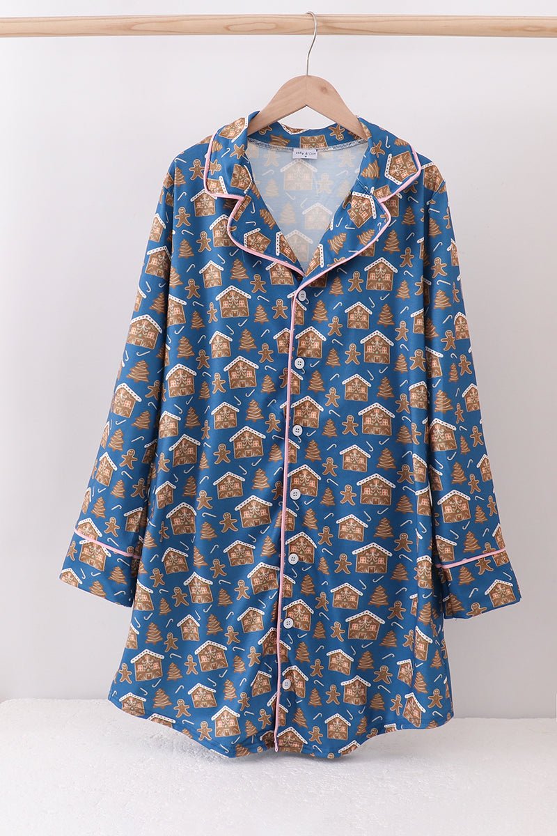 Gingerbread Dreams Women's Holiday Sleep Gown – Sweet & Cozy Festive Loungewear - Blue Marc