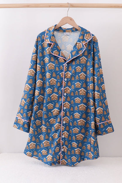 Gingerbread Dreams Women's Holiday Sleep Gown – Sweet & Cozy Festive Loungewear - Blue Marc
