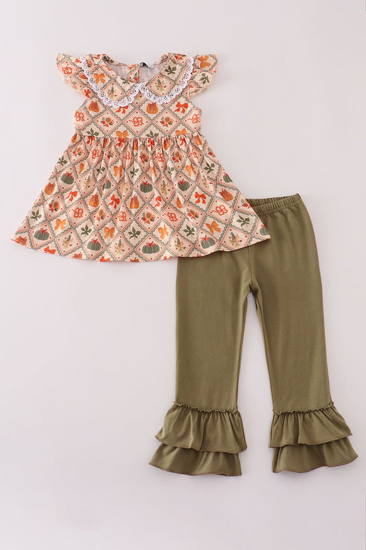 Girls 2 - Piece Fall Pumpkin & Bow Ruffle Set - Blue Marc