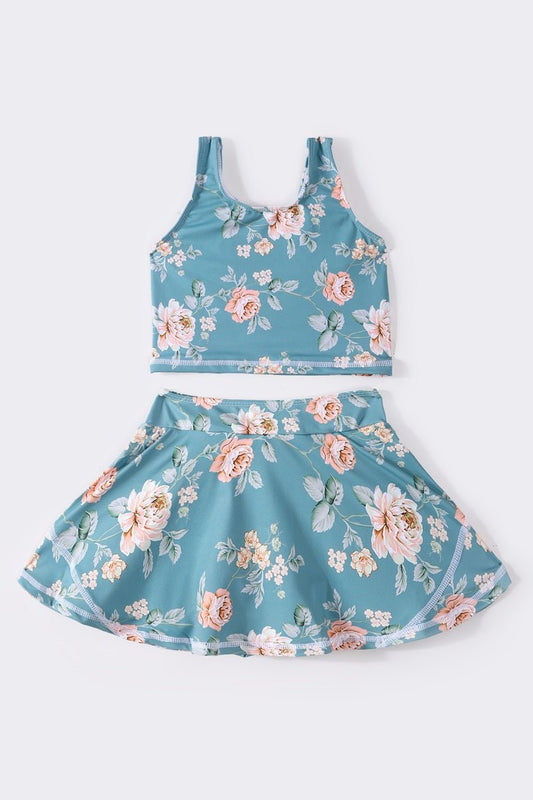 Girls 2 - Piece Floral Swimsuit with Skirt – Toddler & Kids Bikini Set for Summer Fun - Blue Marc