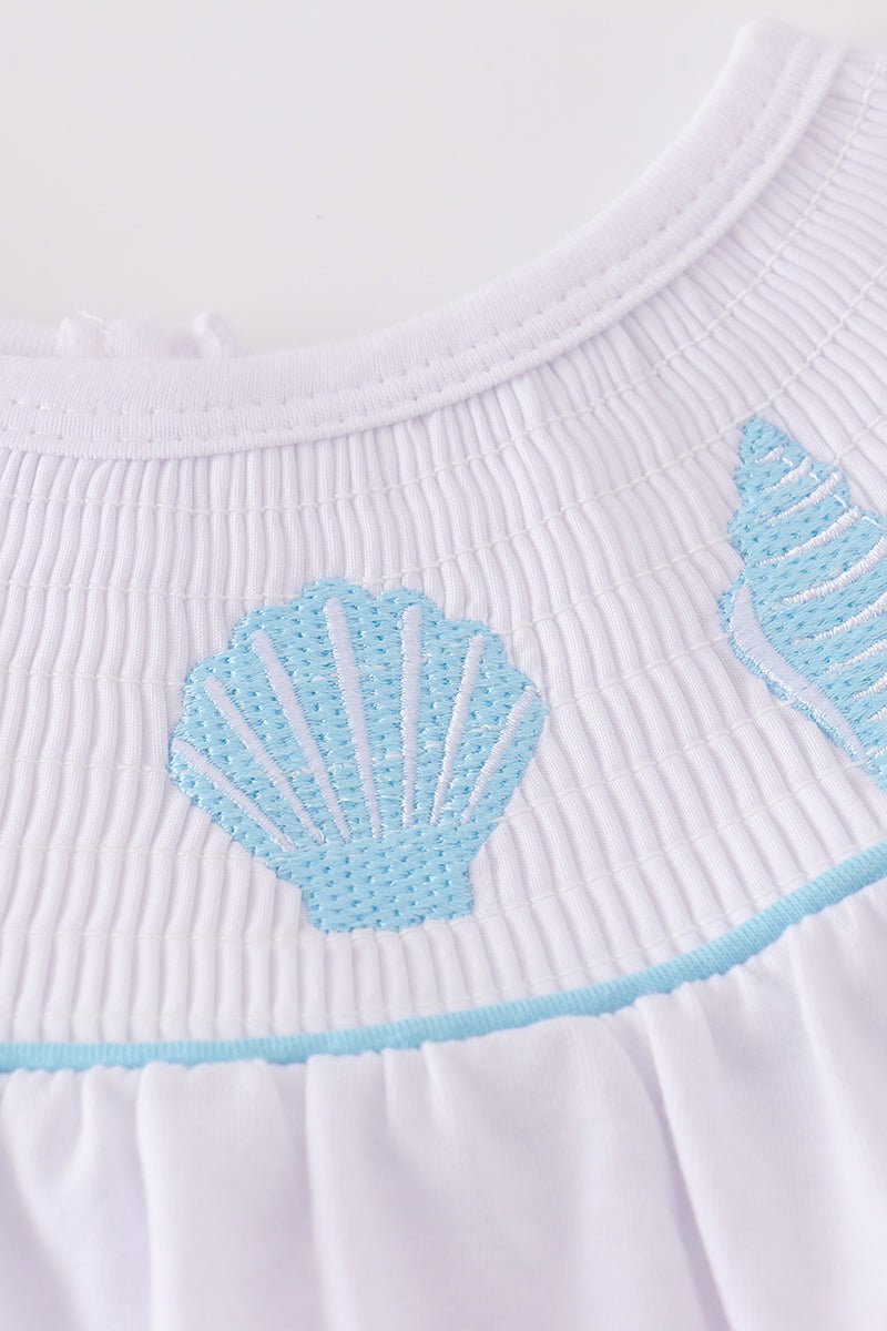 🌊 Girls Blue Seashell Embroidered Top & Ruffle Shorts Set – Coastal Summer Vibes - Blue Marc