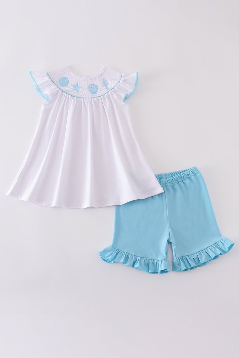 🌊 Girls Blue Seashell Embroidered Top & Ruffle Shorts Set – Coastal Summer Vibes - Blue Marc