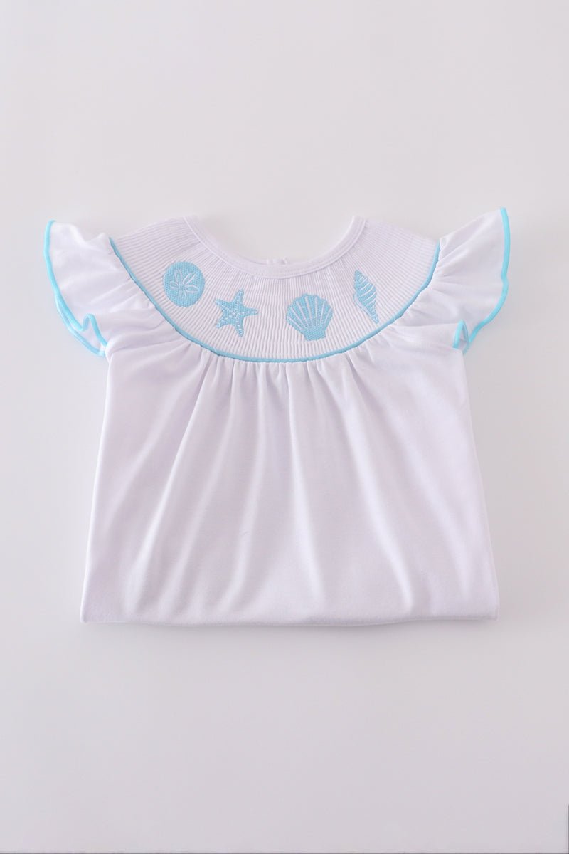 🌊 Girls Blue Seashell Embroidered Top & Ruffle Shorts Set – Coastal Summer Vibes - Blue Marc