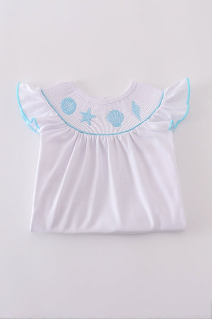 🌊 Girls Blue Seashell Embroidered Top & Ruffle Shorts Set – Coastal Summer Vibes - Blue Marc